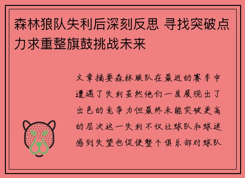 森林狼队失利后深刻反思 寻找突破点力求重整旗鼓挑战未来