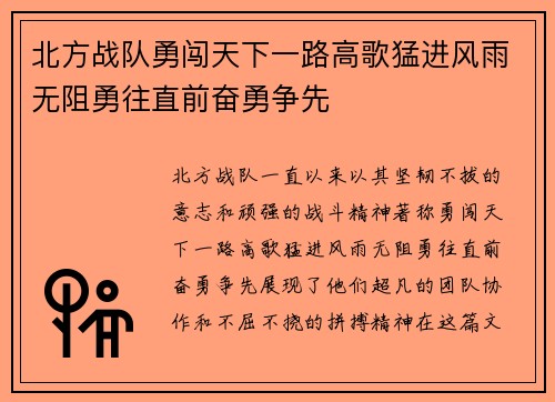 北方战队勇闯天下一路高歌猛进风雨无阻勇往直前奋勇争先