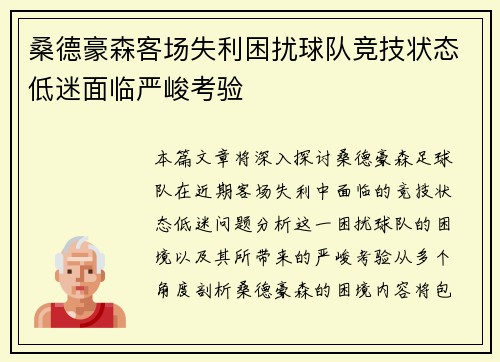 桑德豪森客场失利困扰球队竞技状态低迷面临严峻考验